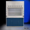 Front view of 5' Fisher American Fume Hood that comes with Blue Storage Cabinets. Sash is half open.