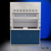Front view of 5' Fisher American Fume Hood that comes with Blue Storage Cabinets. Sash is partially closed.