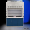 Front view of 5' Fisher American Fume Hood that comes with Blue Storage Cabinets. Sash is open.