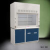 Angled front view of 5' Fisher American Fume Hood w/ Blue ACID Storage Cabinet