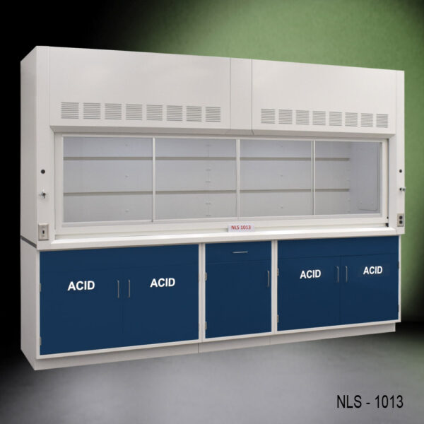 10' Fisher American Fume Hood with Blue Acid Base Cabinets.