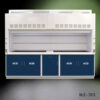 Front view of 10' Fisher American Fume Hood with Blue Acid Cabinets.