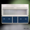 Front view of 10' Fisher American Fume Hood with Blue Acid Cabinets. Right Sash is open.