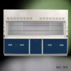 Front view of 10' Fisher American Fume Hood with Blue Acid Cabinets. Middle Sash is open.