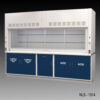 Angled view 10' Fisher American Fume Hood with Flammable & Acid Storage Cabinets.