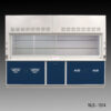 Front view of 10' Fisher American Fume Hood with Flammable & Acid Storage Cabinets. Right sash is open.