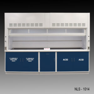 Front view of 10' Fisher American Fume Hood with Flammable & Acid Storage Cabinets. Sash is open.