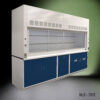 Angled view of 10' Fisher American Fume Hood with Blue Acid & General Storage Cabinets. Sash is partly open.