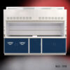 Front view of a 10' Fisher American Fume Hood with Blue Flammable and General Storage Cabinets