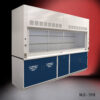 Angled view 10' Fisher American Fume Hood with Blue Flammable and General Storage Cabinets.