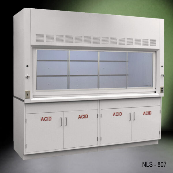 Front angled view of 8' Fisher American Fume Hood that comes with Acid Storage Cabinets
