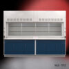 Front view of 10 ft Fisher American Fume Hood that comes with Blue Storage Cabinets