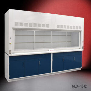 Angled view of 10' Fisher American Fume Hood that comes with Blue Storage Cabinets