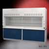 Front view of 10 foot Fisher American Fume Hood that comes with Blue Storage Cabinets