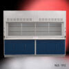 Front view of 10' Fisher American Fume Hood that comes with Blue Storage Cabinets. Sash is closed.