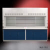Front view of 10' Fisher American Fume Hood that comes with Blue Storage Cabinets. Sash is partly open.