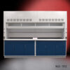 Front view of 10' Fisher American Fume Hood that comes with Blue Storage Cabinets. Sash is partly closed.