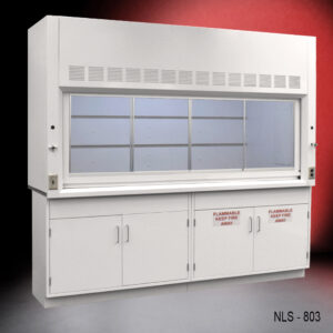Front view of 8 ft Fisher American Fume Hood with Flammable and General Storage Cabinets