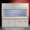 Front view of 8 foot Fisher American Fume Hood w/ Flammable & General Storage Cabinets