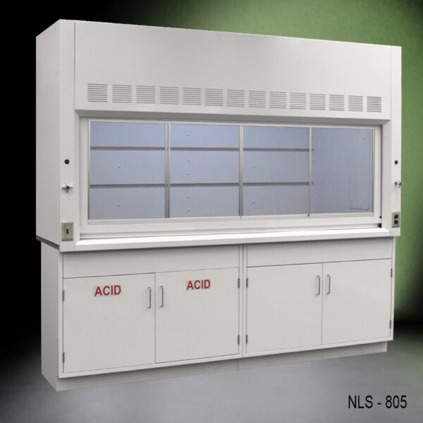 Front view of 8' Fisher American Fume Hood w/ Acid and General Storage Cabinets