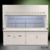 Front view of 8' Fisher American Fume Hood with Acid and General Storage Cabinets