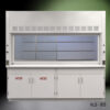 Front view of 8 foot Fisher American Fume Hood w/ Acid & General Storage Cabinets (NLS-805)