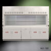 Front view of 10' x 48" Fisher American Fume Hood w/ Acid Storage Cabinets (NLS-1020). The sash is partially open.