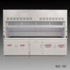 Front view of 10' x 48" Fisher American Fume Hood w/ Acid & Flammable Storage Cabinets (NLS-1021). Sash is partially open.
