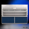 Front view of 10' x 48" Fisher American Fume Hood w/ Blue General Storage Cabinets (NLS-1024). The sash is half open.