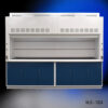 Front view of 10' x 48" Fisher American Fume Hood w/ Blue General Storage Cabinets (NLS-1024)
