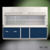 10' x 48" Fisher American Fume Hood w/ Blue General & Acid Storage Cabinets (NLS-1025). The sash is partially closed.