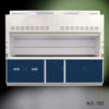 Front view of 10' x 48" Fisher American Fume Hood w/ Blue General & Acid Storage Cabinets (NLS-1025)
