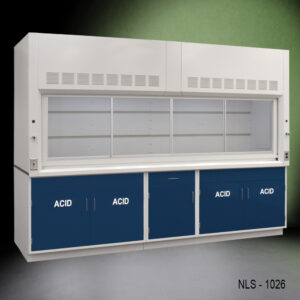 Front view of 10 foot x 48 inch Fisher American Fume Hood w/ Blue Acid Storage Cabinets (NLS-1026)