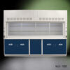Front view of 10 foot x 48 inch Fisher American Fume Hood with Blue Acid Storage Cabinets (NLS-1026)