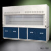 Angled view of 10 foot x 48 inch Fisher American Fume Hood with Blue Acid Storage Cabinets (NLS-1026)