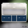 Front view of 10' x 48" Fisher American Fume Hood with Blue Acid Storage Cabinets