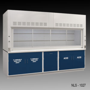 10 foot x 48 inch Fisher American Fume Hood w/ Blue Acid and Flammable Storage Cabinets