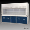 Angled view of 10 foot x 48 inch Fisher American Fume Hood with Blue Acid and Flammable Storage Cabinets