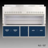 Front view of 10' x 48" Fisher American Fume Hood with Blue Acid & Flammable Storage Cabinets. Fume hood sash is wide open.