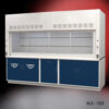 Angled view of 10' x 48" Fisher American Fume Hood w/ Blue General & Flammable Storage Cabinets