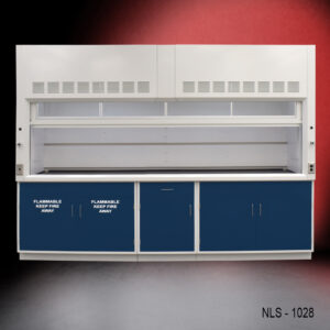 Front view of 10' x 48" Fisher American Fume Hood with Blue General & Flammable Storage Cabinets