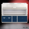 Front view of 10' x 48" Fisher American Fume Hood w/ Blue General & Flammable Storage Cabinets