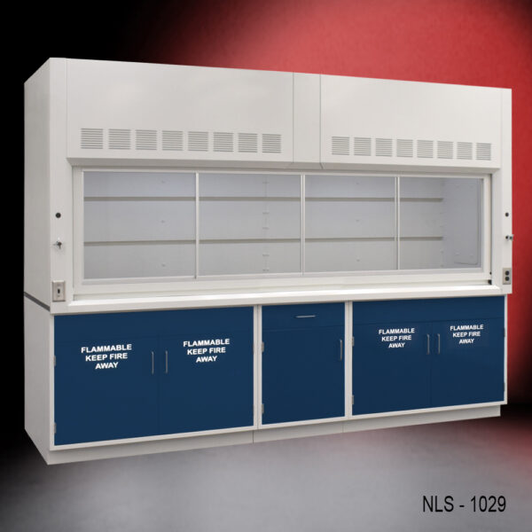 10 foot by 48 inch Fisher American Fume Hood w/ Blue Flammable Storage Cabinets.