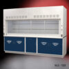 Angled view of 10 foot x 48 inch Fisher American Fume Hood w/ Blue Flammable Storage Cabinets.
