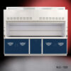 Front view of 10' x 48" Fisher American Fume Hood with Blue Flammable Storage Cabinets