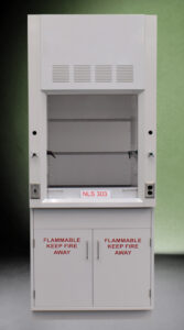 a white laboratory fume hood, 3 feet wide, with a smooth, reflective interior surface. The fume hood features ventilation slots along the top and has two flammable base cabinets that are labeled, "FLAMMABLE KEEP FIRE AWAY."