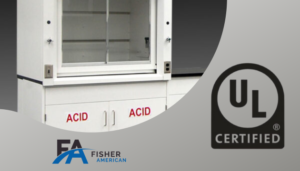 laboratory fume hood labeled 'ACID' on storage cabinets underneath. The fume hood is branded with the Fisher American logo on the left side, and on the right side, a 'UL Certified' emblem is prominently displayed, indicating that the product meets safety certification standards