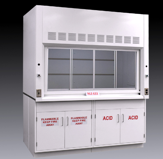 Laboratory fume hood with sliding glass sash and labeled base cabinets, including storage marked "FLAMMABLE KEEP FIRE AWAY" and "ACID," designed for safe handling of hazardous materials.