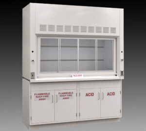 Laboratory fume hood workstation with four base storage cabinets labeled for flammable and acid storage. The two left cabinets are marked 'FLAMMABLE KEEP FIRE AWAY' in red text, and the two right cabinets are labeled 'ACID.'