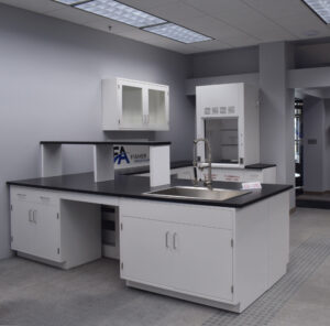 10’ x 11’ x 6’ “L” Cabinet Group Including 10’ x 4’ Peninsula (Island), Wall Cabinet and 3’ Fume Hood with Flammable Storage Cabinet